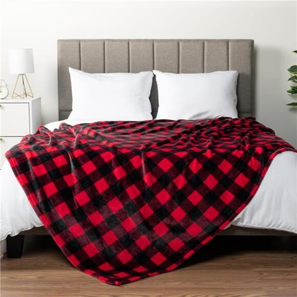 PAVILIA Black and Red Buffalo Plaid Fleece Throw Blanket for Couch, Soft - Picture 4 of 7